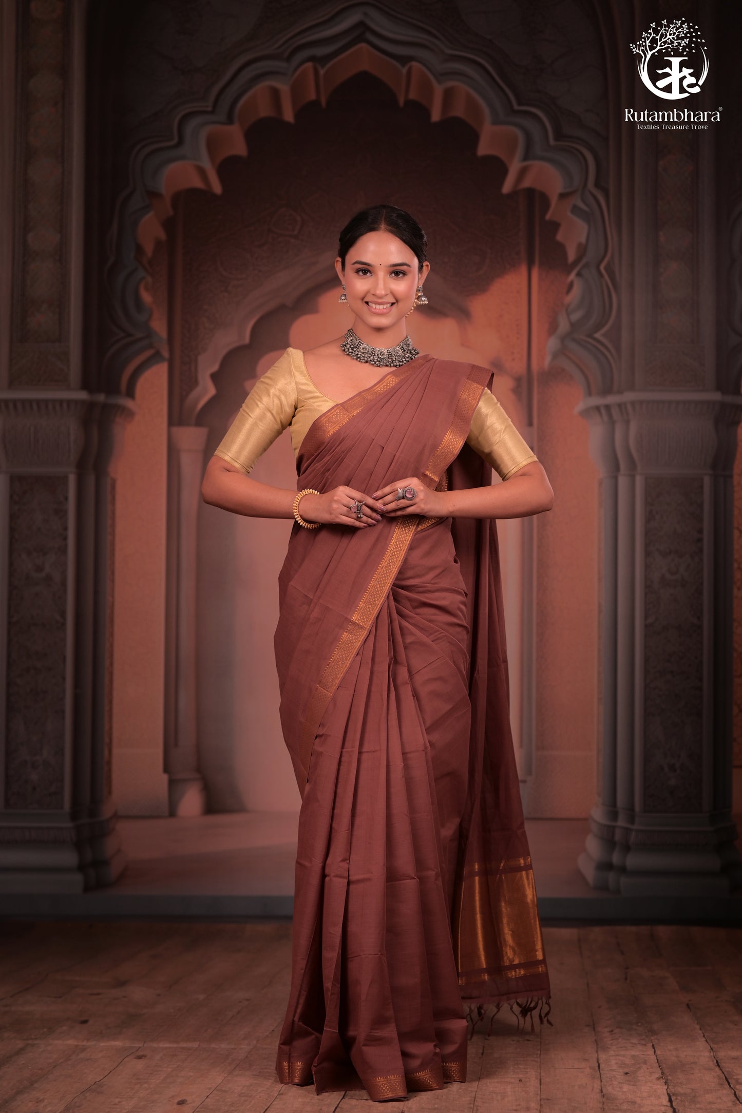 BHADRA - Artisanal Rose Gold Pure Cotton Saree with Gold Border and Kalamkari Blouse