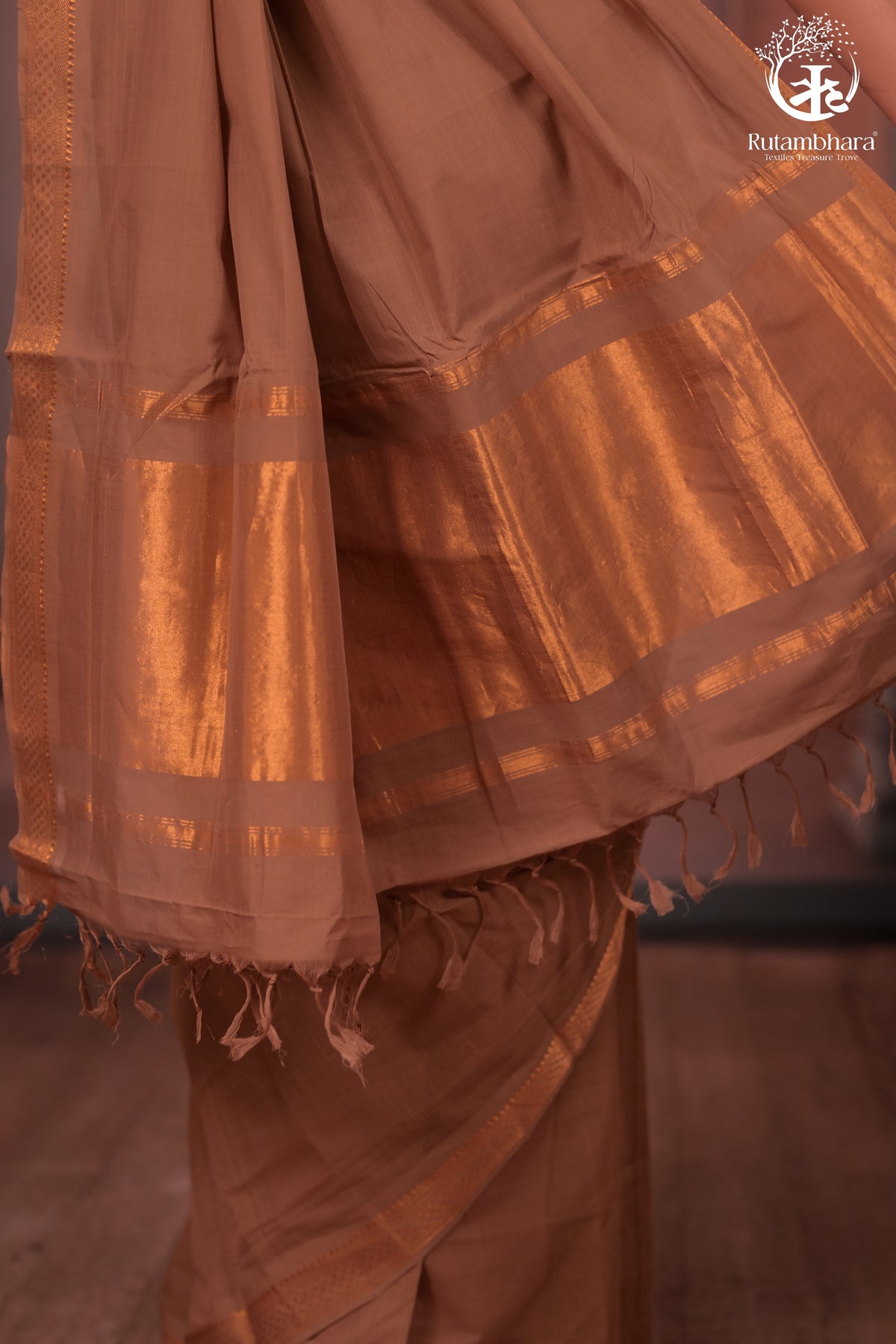 BHADRA - Elegant Earthy Brown Pure Cotton Saree with Gold Border and Kalamkari Blouse