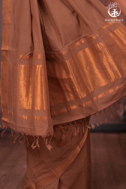 BHADRA - Elegant Earthy Brown Pure Cotton Saree with Gold Border and Kalamkari Blouse-RUTAMBHARA-RUTAMBHARA