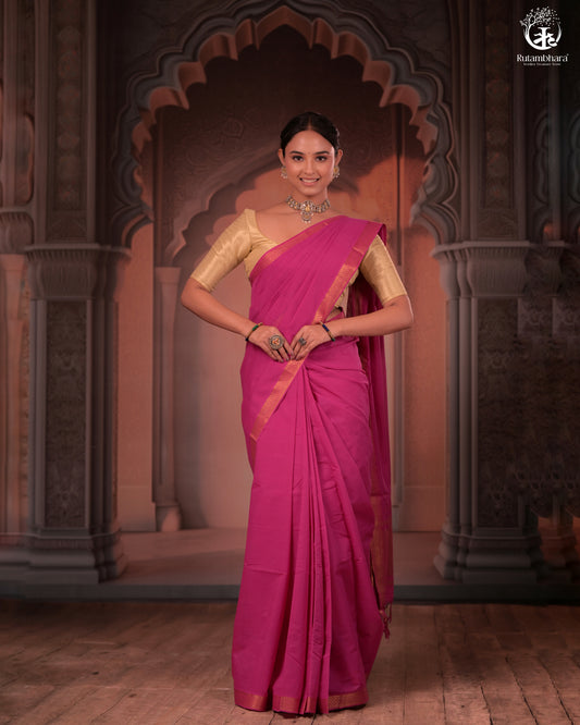 Bhadra - Elegant Magenta Pure Cotton Saree with Zari Border and Kalamkari Blouse Piece