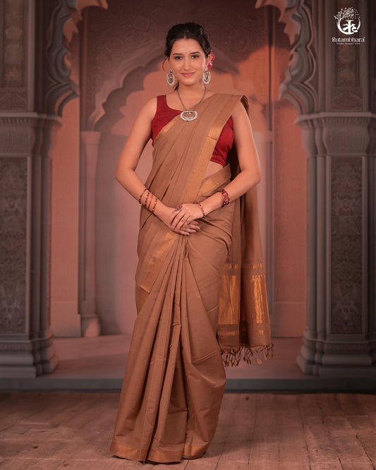 BHADRA - Elegant Earthy Brown Pure Cotton Saree with Gold Border and Kalamkari Blouse