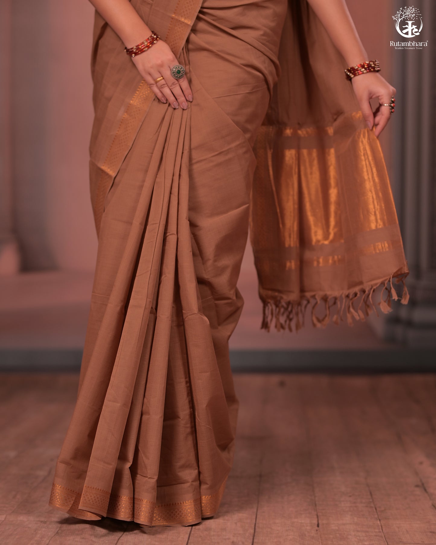 BHADRA - Elegant Earthy Brown Pure Cotton Saree with Gold Border and Kalamkari Blouse