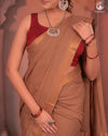 BHADRA - Elegant Earthy Brown Pure Cotton Saree with Gold Border and Kalamkari Blouse