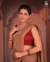 BHADRA - Elegant Earthy Brown Pure Cotton Saree with Gold Border and Kalamkari Blouse