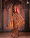 BHADRA - Elegant Earthy Brown Pure Cotton Saree with Gold Border and Kalamkari Blouse