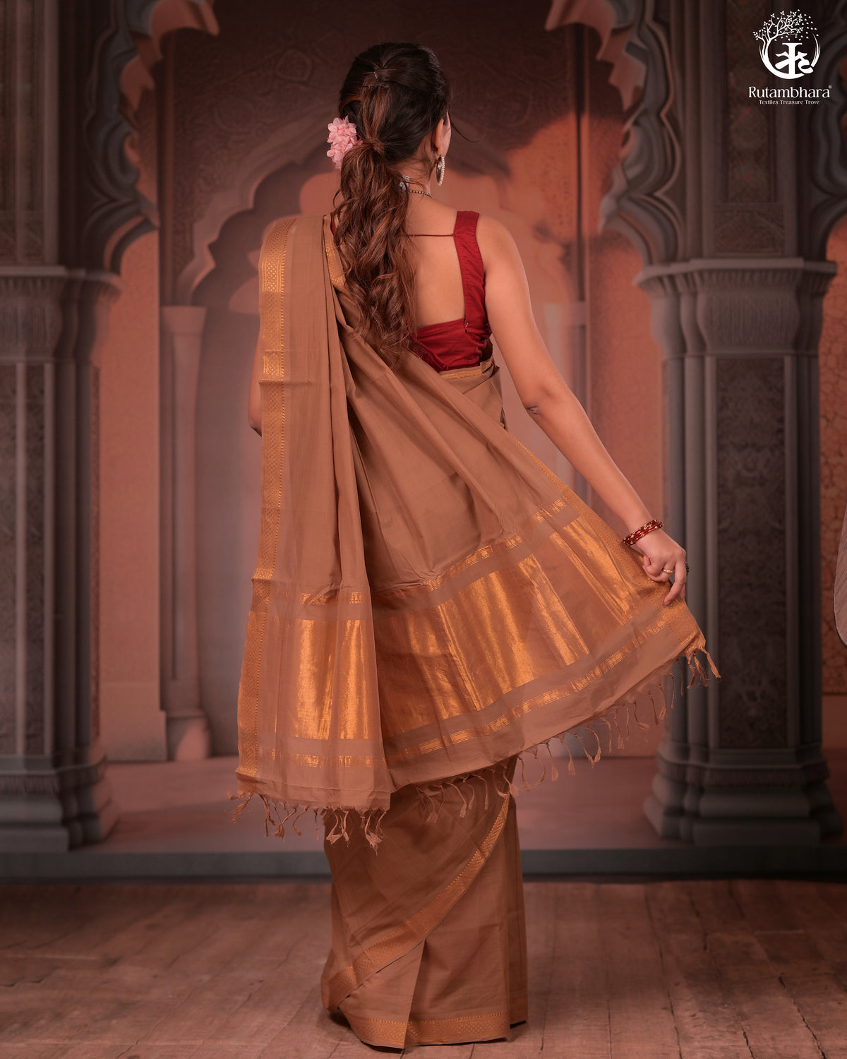 BHADRA - Elegant Earthy Brown Pure Cotton Saree with Gold Border and Kalamkari Blouse