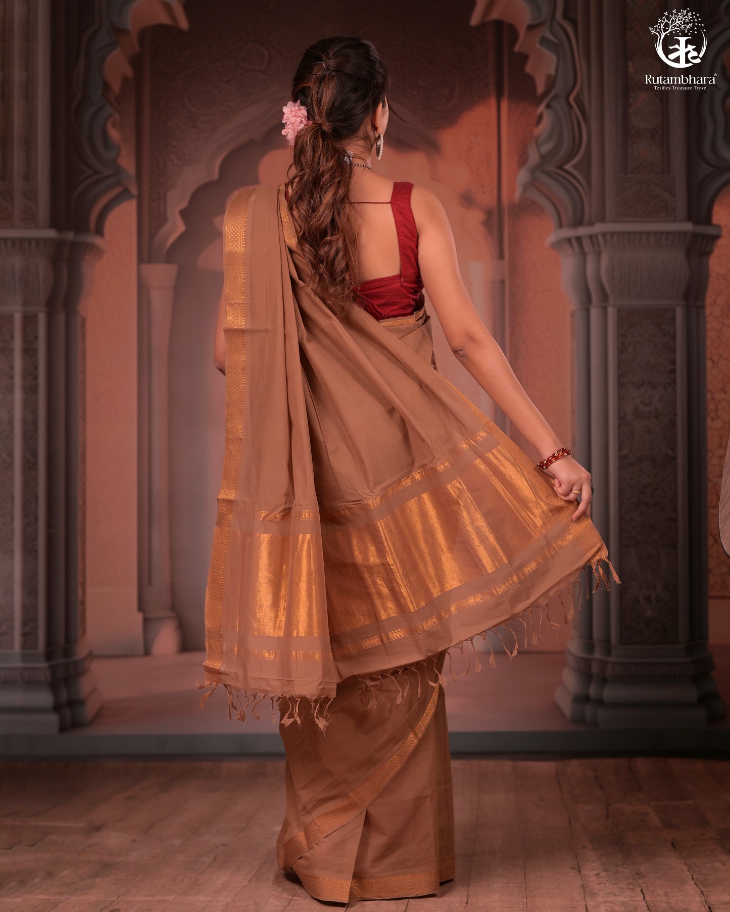 BHADRA - Elegant Earthy Brown Pure Cotton Saree with Gold Border and Kalamkari Blouse