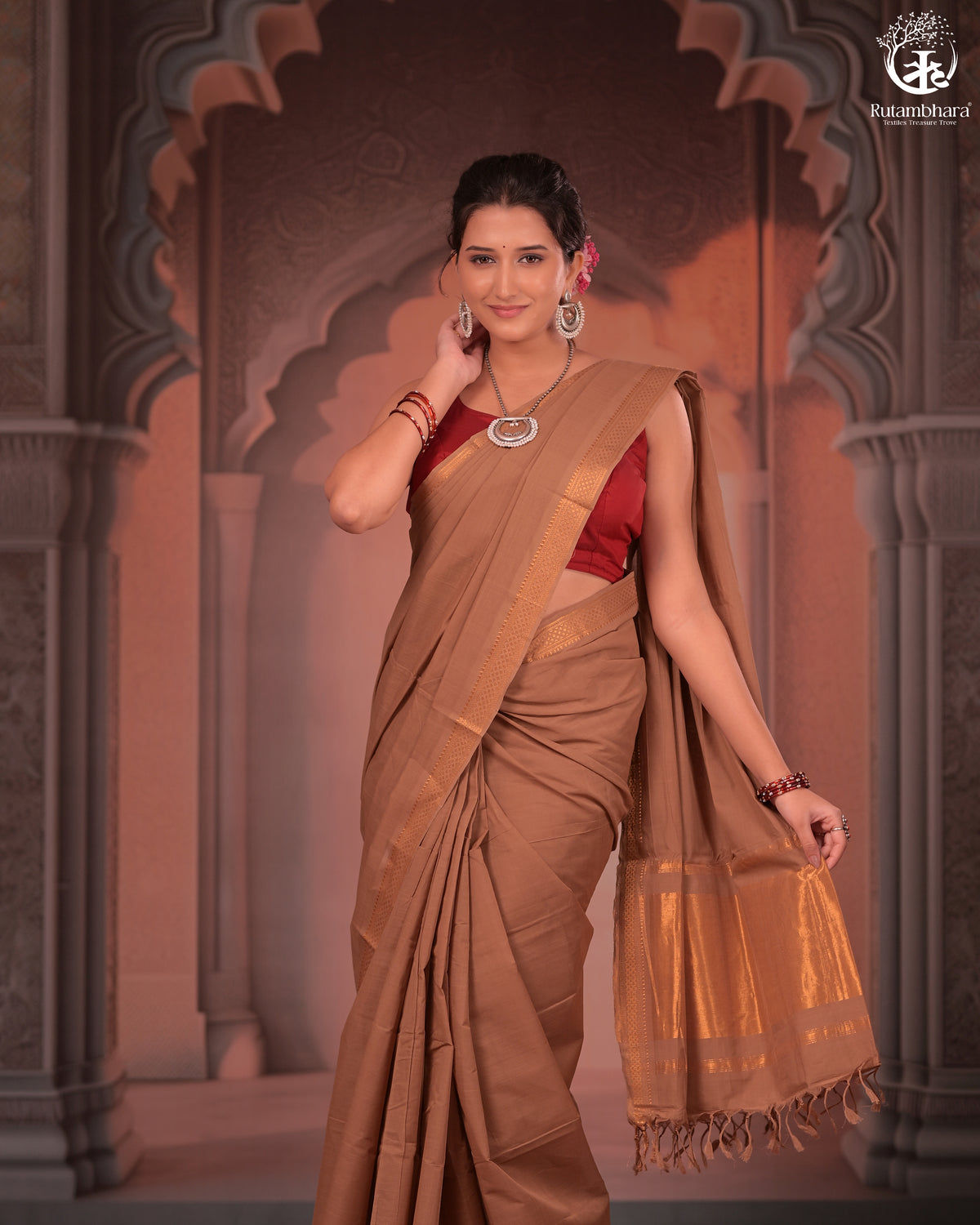 BHADRA - Elegant Earthy Brown Pure Cotton Saree with Gold Border and Kalamkari Blouse