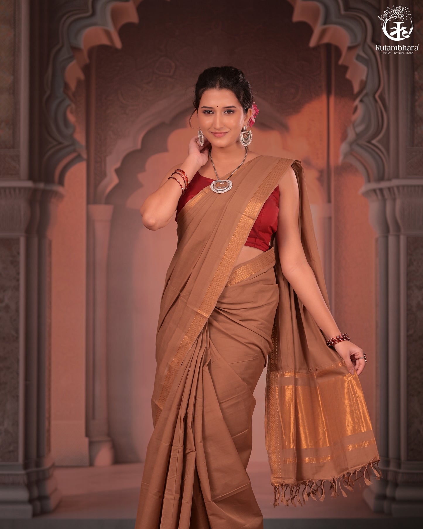BHADRA - Elegant Earthy Brown Pure Cotton Saree with Gold Border and Kalamkari Blouse
