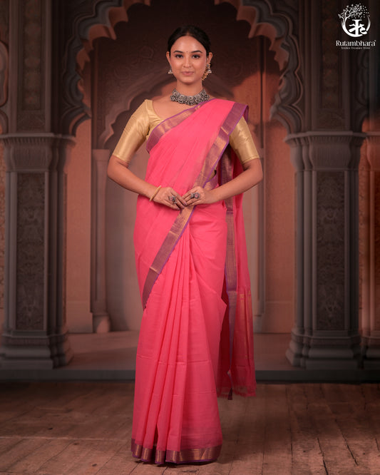 Bhadra - Elegant Pink Pure Cotton Saree with Zari Border and Kalamkari Blouse Piece