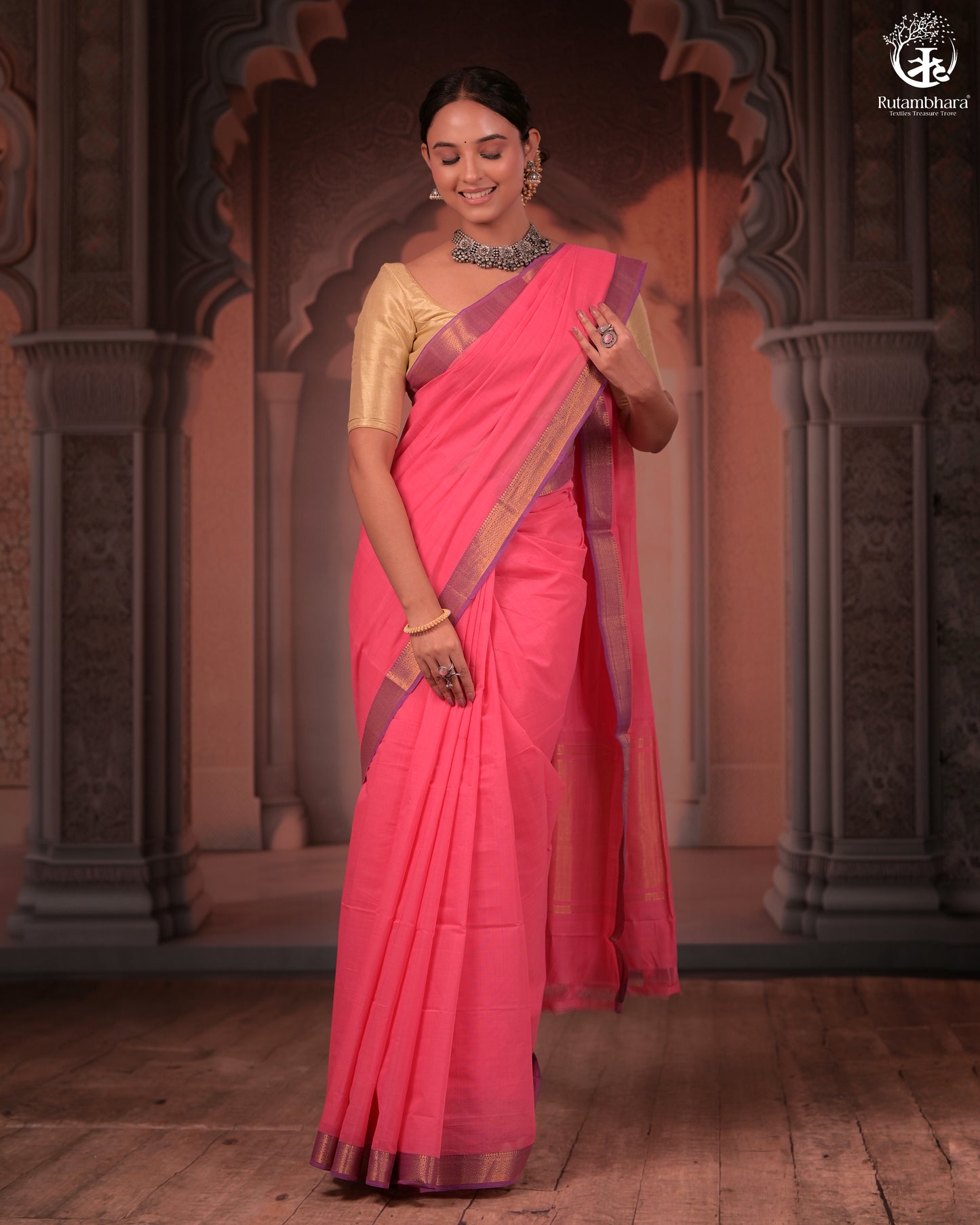 Bhadra - Elegant Pink Pure Cotton Saree with Zari Border and Kalamkari Blouse Piece
