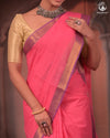 Bhadra - Elegant Pink Pure Cotton Saree with Zari Border and Kalamkari Blouse Piece