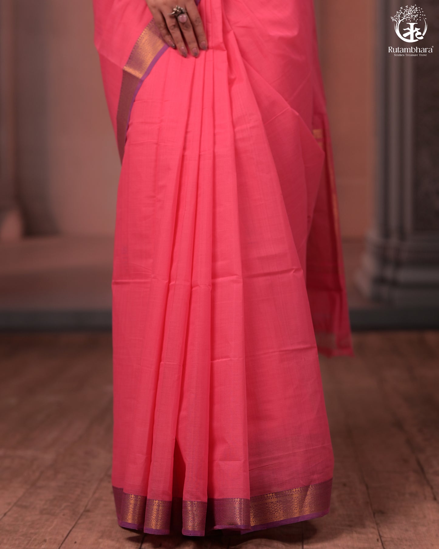 Bhadra - Elegant Pink Pure Cotton Saree with Zari Border and Kalamkari Blouse Piece