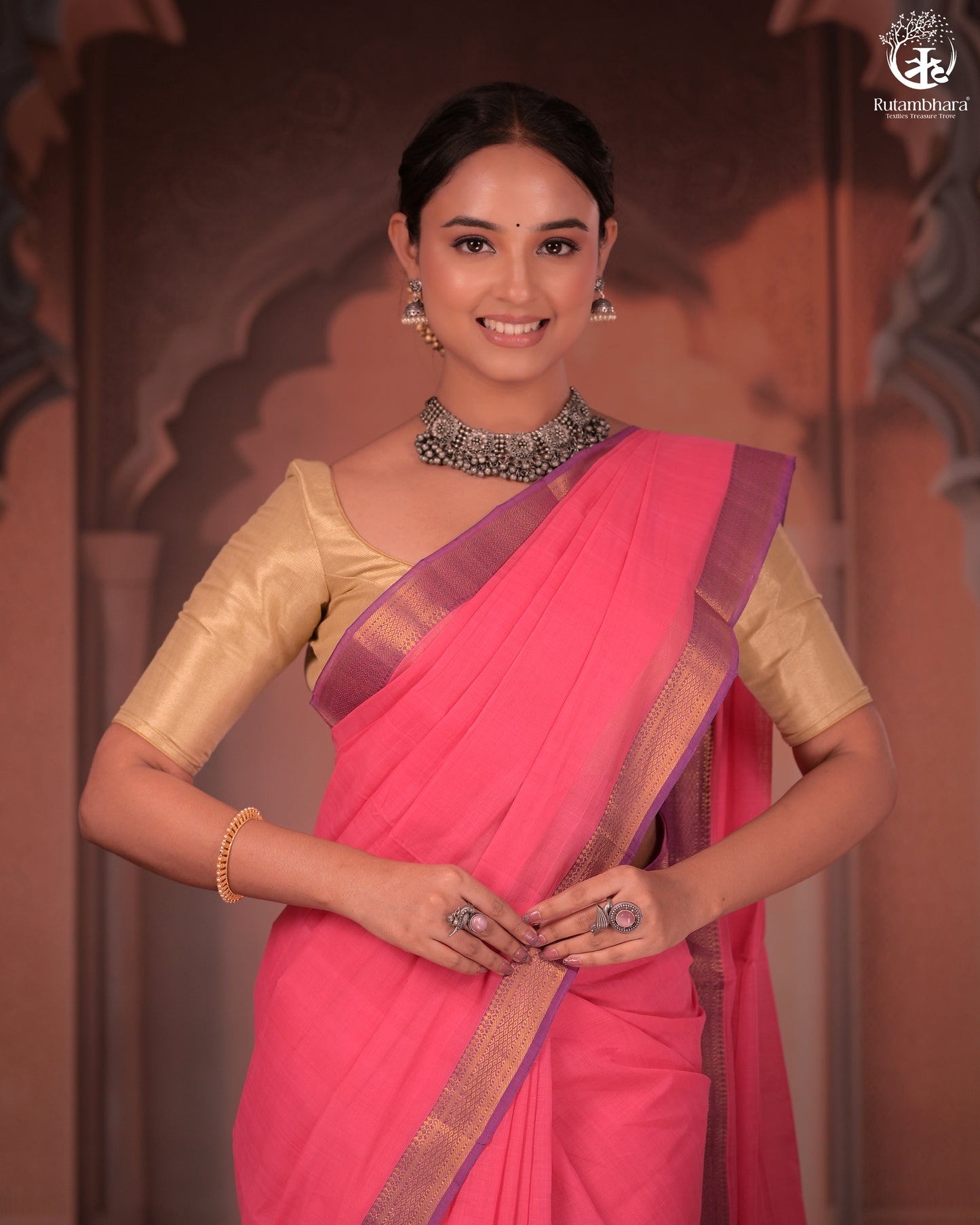 Bhadra - Elegant Pink Pure Cotton Saree with Zari Border and Kalamkari Blouse Piece
