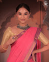 Bhadra - Elegant Pink Pure Cotton Saree with Zari Border and Kalamkari Blouse Piece