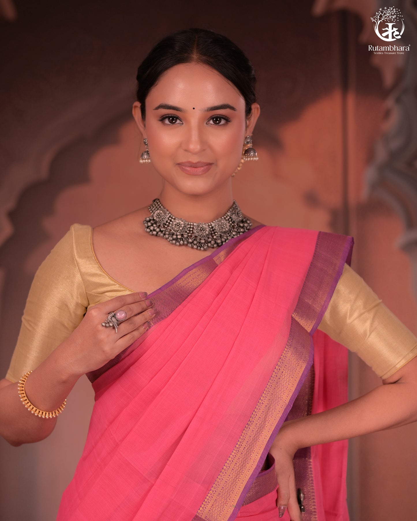 Bhadra - Elegant Pink Pure Cotton Saree with Zari Border and Kalamkari Blouse Piece