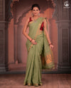 BHADRA - Elegant Pastel green Pure Cotton Saree with Gold Border and Kalamkari Blouse