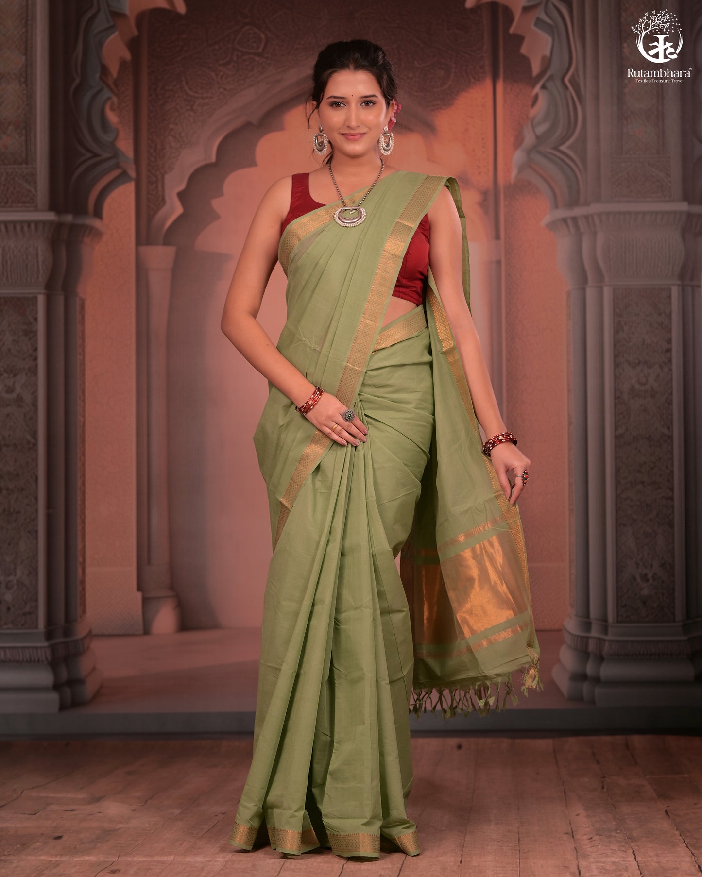 BHADRA - Elegant Pastel green Pure Cotton Saree with Gold Border and Kalamkari Blouse