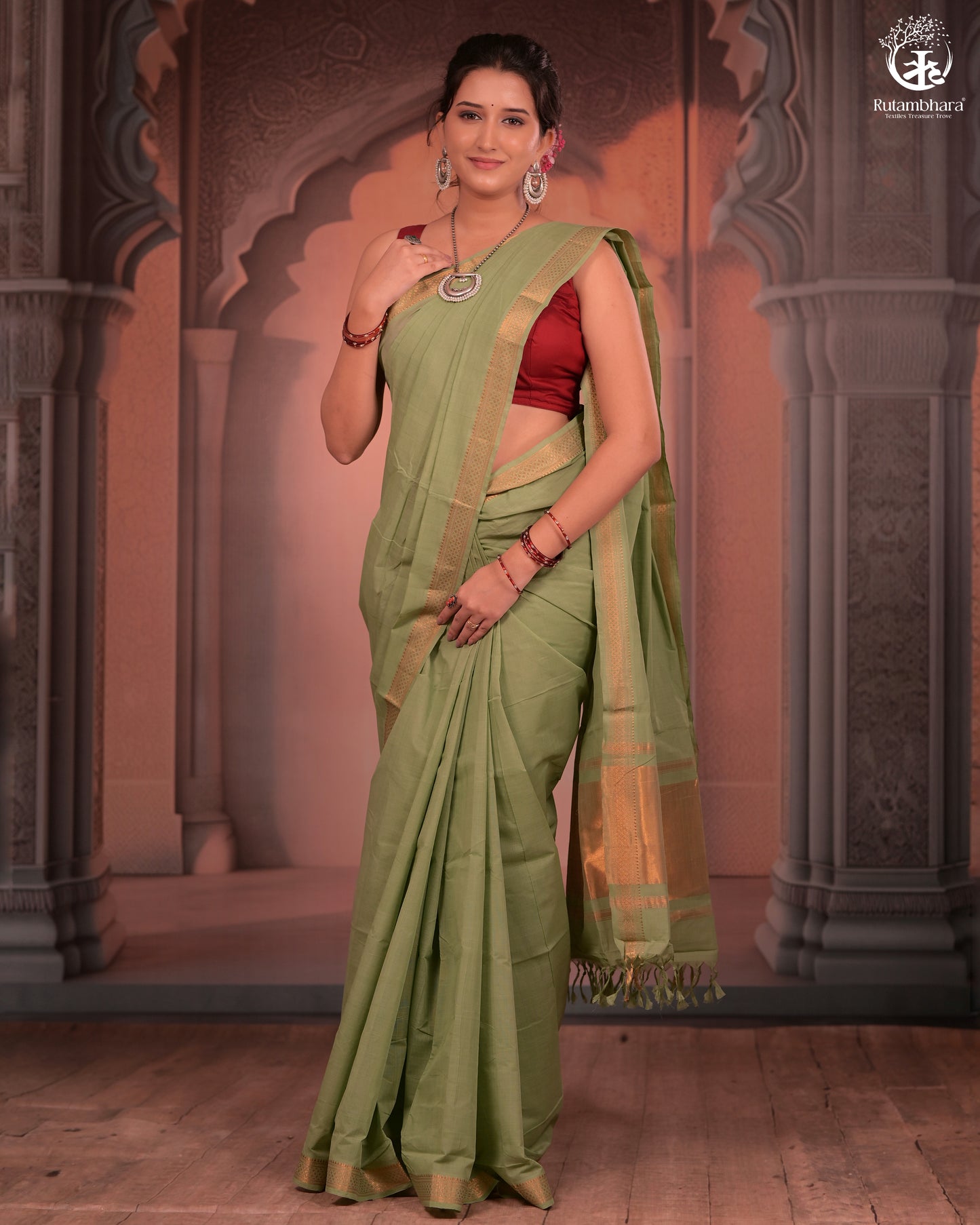 BHADRA - Elegant Pastel green Pure Cotton Saree with Gold Border and Kalamkari Blouse