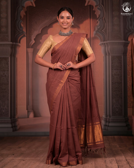 BHADRA - Artisanal Rose Gold Pure Cotton Saree with Gold Border and Kalamkari Blouse