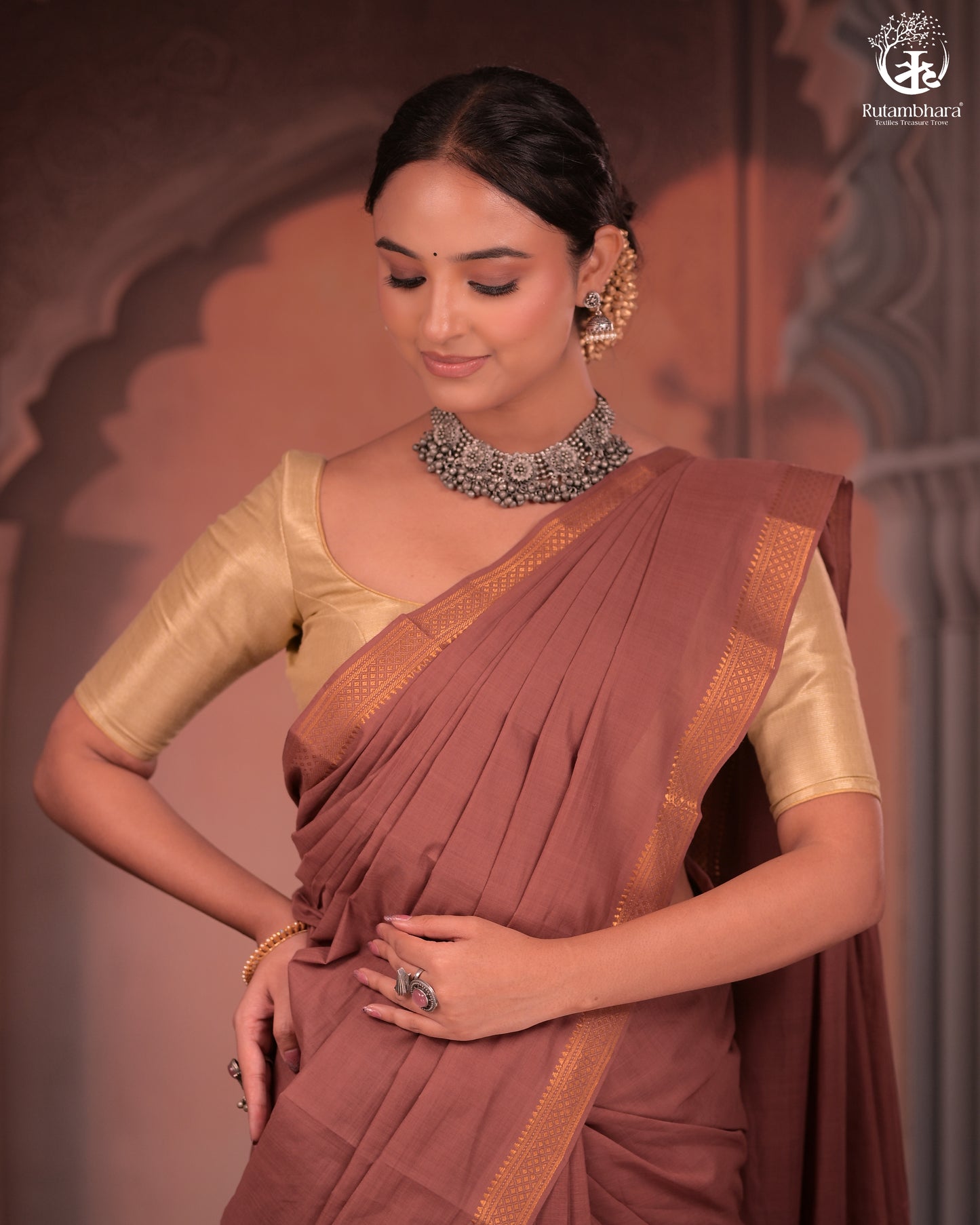 BHADRA - Artisanal Rose Gold Pure Cotton Saree with Gold Border and Kalamkari Blouse