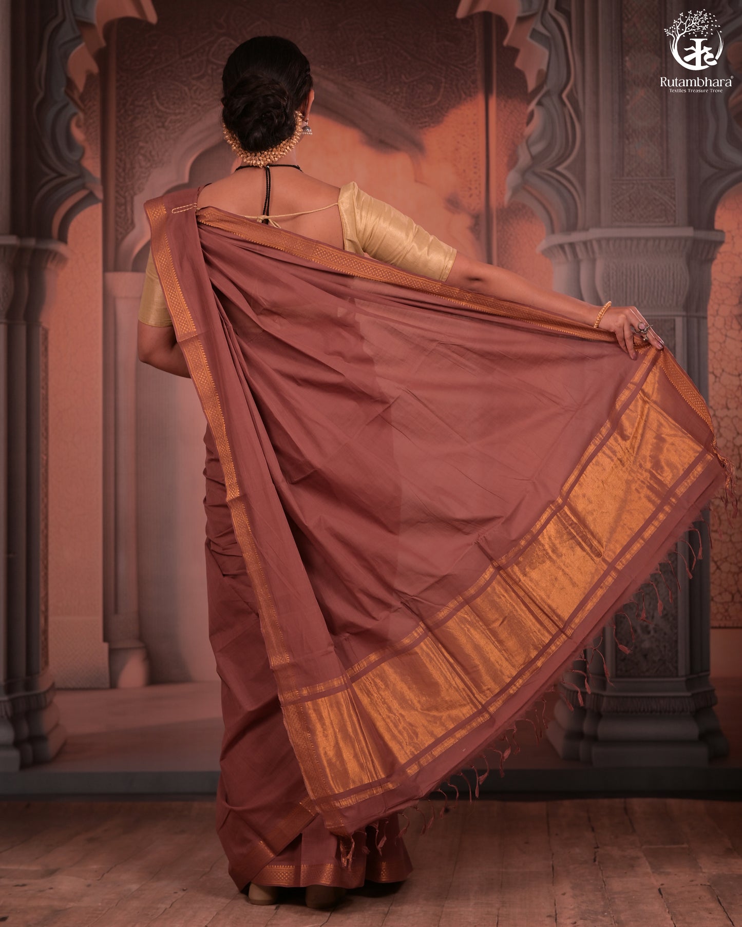 BHADRA - Artisanal Rose Gold Pure Cotton Saree with Gold Border and Kalamkari Blouse