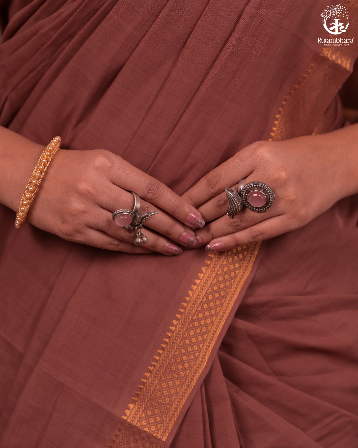 BHADRA - Artisanal Rose Gold Pure Cotton Saree with Gold Border and Kalamkari Blouse