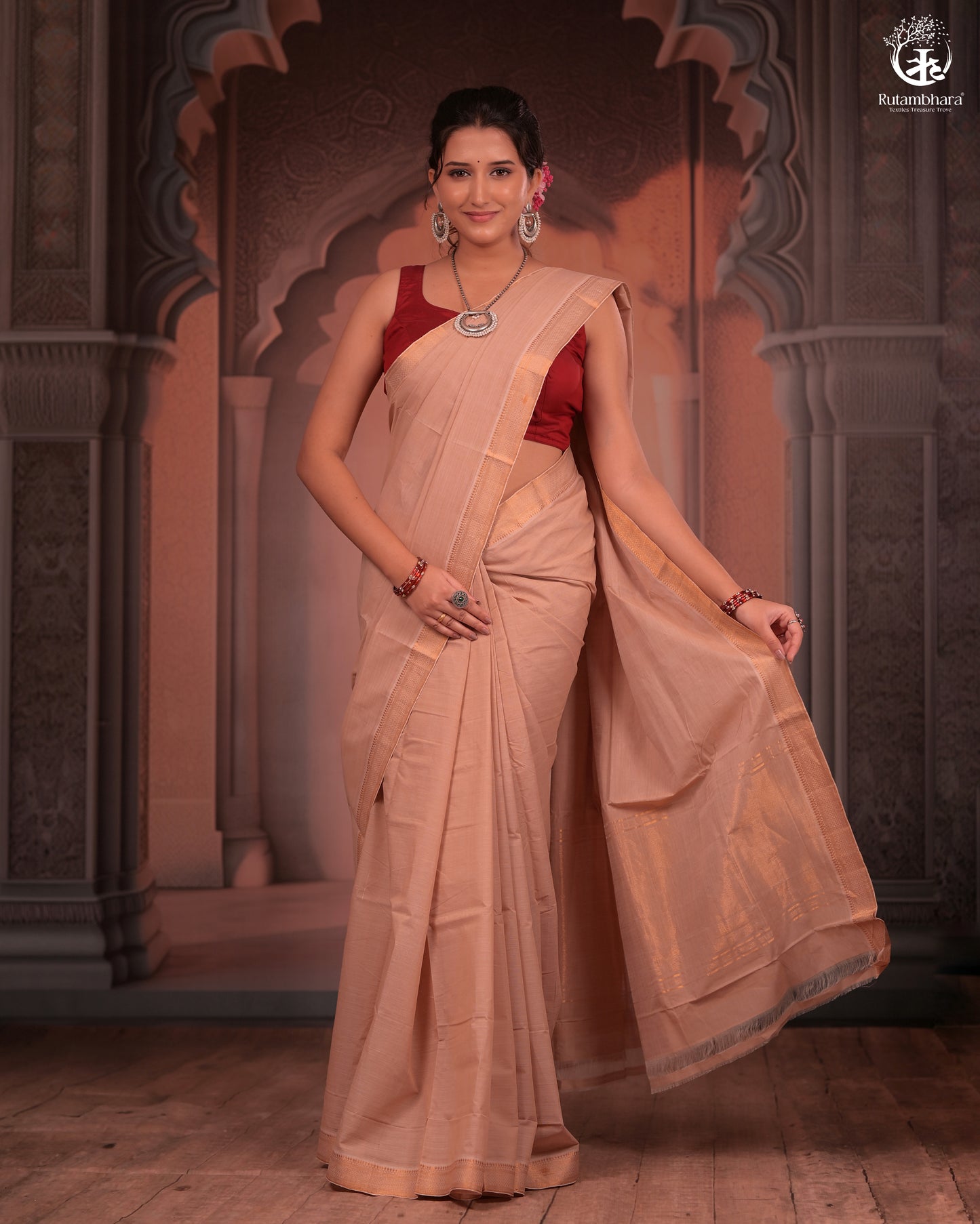 BHADRA -Elegant Beige Pure Cotton Saree with Gold Border And Kalamkari Blouse