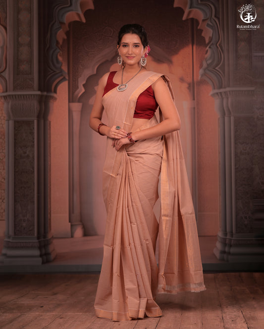 BHADRA -Elegant Beige Pure Cotton Saree with Gold Border And Kalamkari Blouse