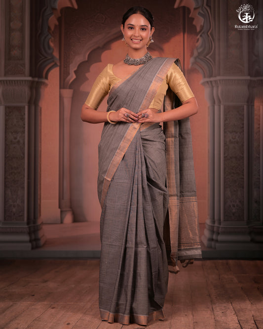 BHADRA - Elegant Grey Pure Cotton Saree with Zari Border And Kalamkari Blouse