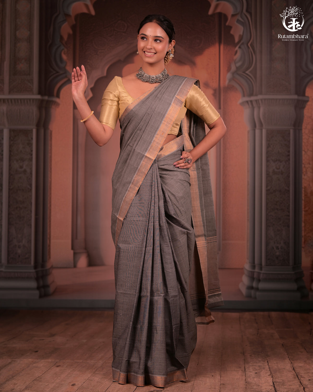 BHADRA - Elegant Grey Pure Cotton Saree with Zari Border And Kalamkari Blouse