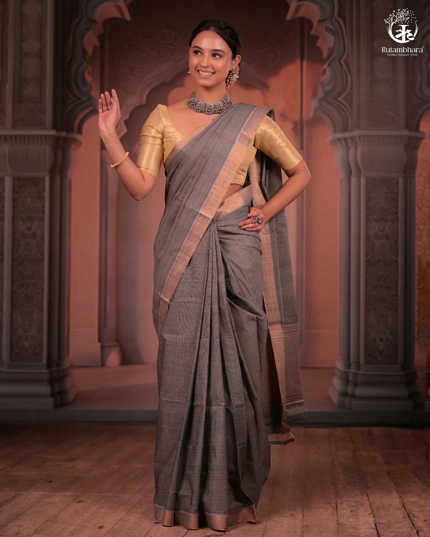 BHADRA - Elegant Grey Pure Cotton Saree with Zari Border And Kalamkari Blouse