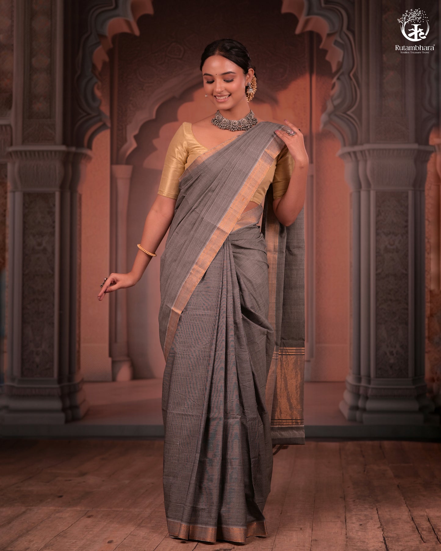 BHADRA - Elegant Grey Pure Cotton Saree with Zari Border And Kalamkari Blouse