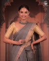 BHADRA - Elegant Grey Pure Cotton Saree with Zari Border And Kalamkari Blouse
