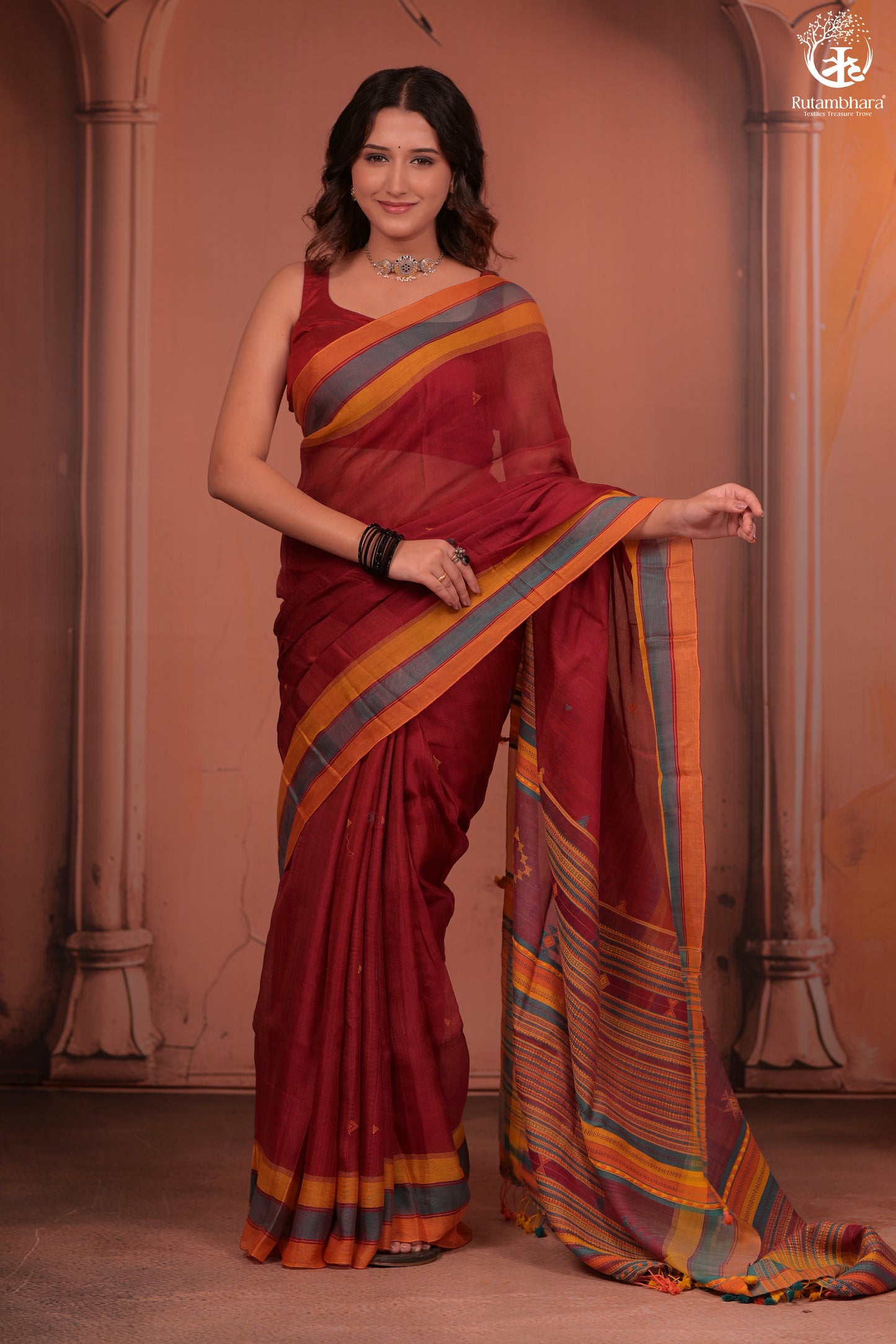 JESAAL -  Handloom Cotton Eri Silk Saree With Kutchhi Craftsmanship