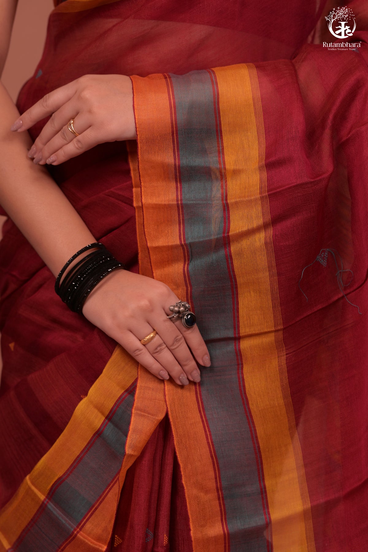 JESAAL -  Handloom Cotton Eri Silk Saree With Kutchhi Craftsmanship