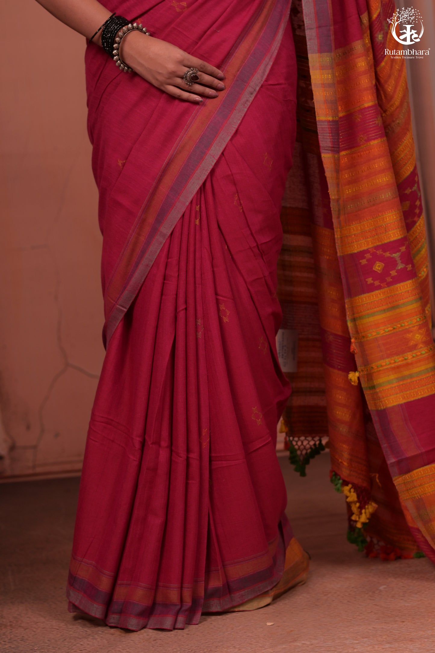 JESAAL - Statement Tussar Cotton Saree with Multicolour Kutchi Border