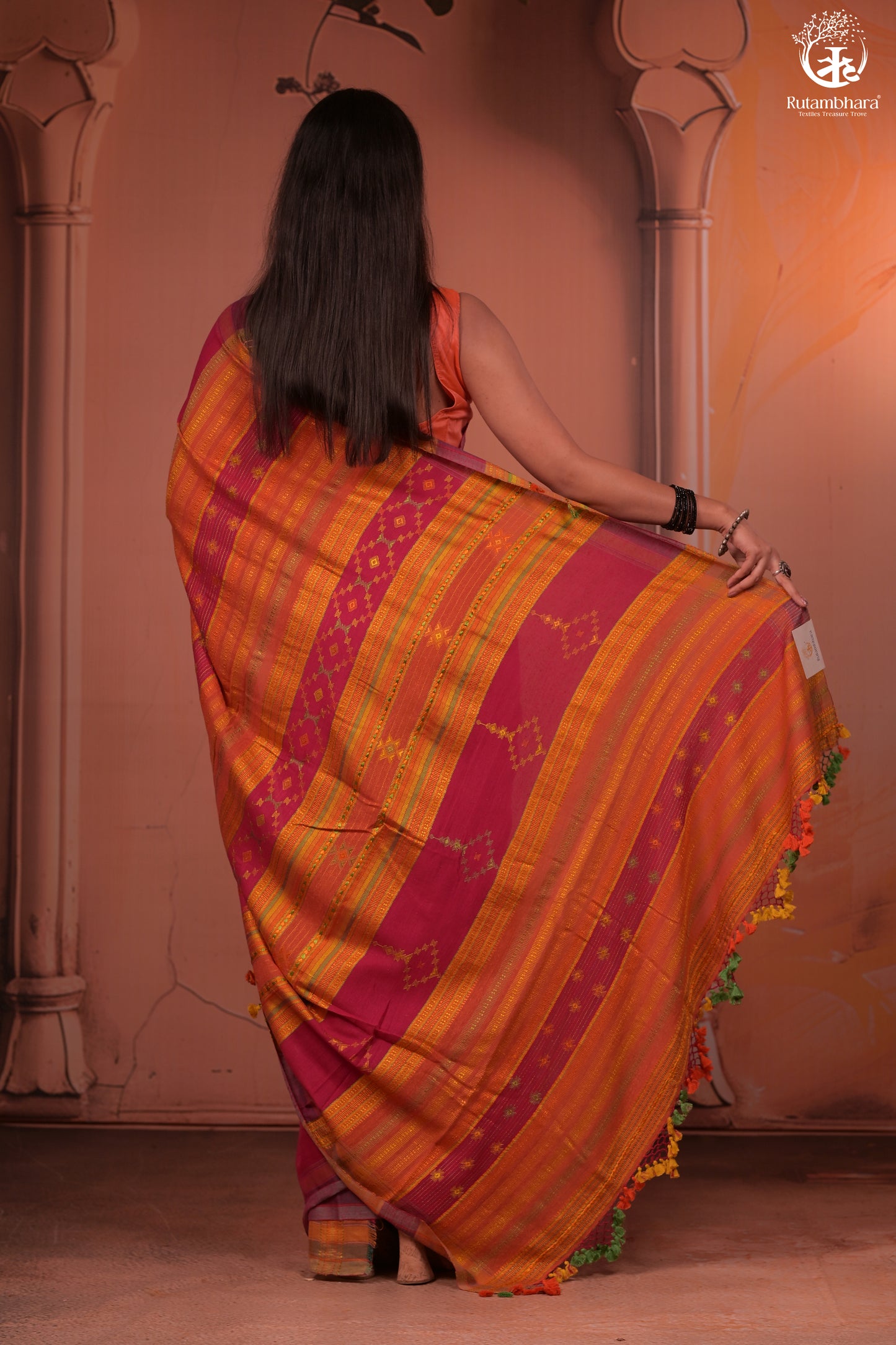 JESAAL - Statement Tussar Cotton Saree with Multicolour Kutchi Border
