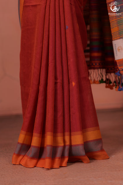 JESAAL - Classic Rust Kutchhi  Cotton Saree with Multicolor Pallu