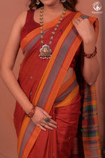 JESAAL - Classic Rust Kutchhi  Cotton Saree with Multicolor Pallu