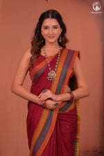 JESAAL - Classic Rust Kutchhi  Cotton Saree with Multicolor Pallu