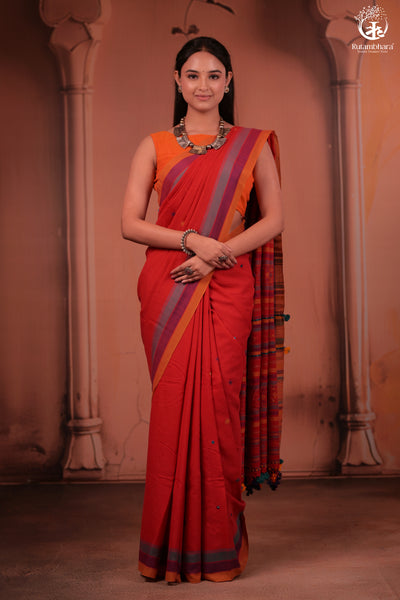 JESAAL - Handwoven Kutchi Weave Cotton Saree in Rust Red with Multicolour Pallu