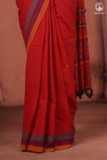 JESAAL - Handwoven Kutchi Weave Cotton Saree in Rust Red with Multicolour Pallu