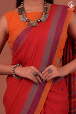 JESAAL - Handwoven Kutchi Weave Cotton Saree in Rust Red with Multicolour Pallu