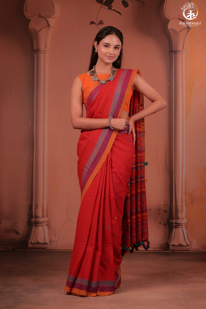 JESAAL - Handwoven Kutchi Weave Cotton Saree in Rust Red with Multicolour Pallu
