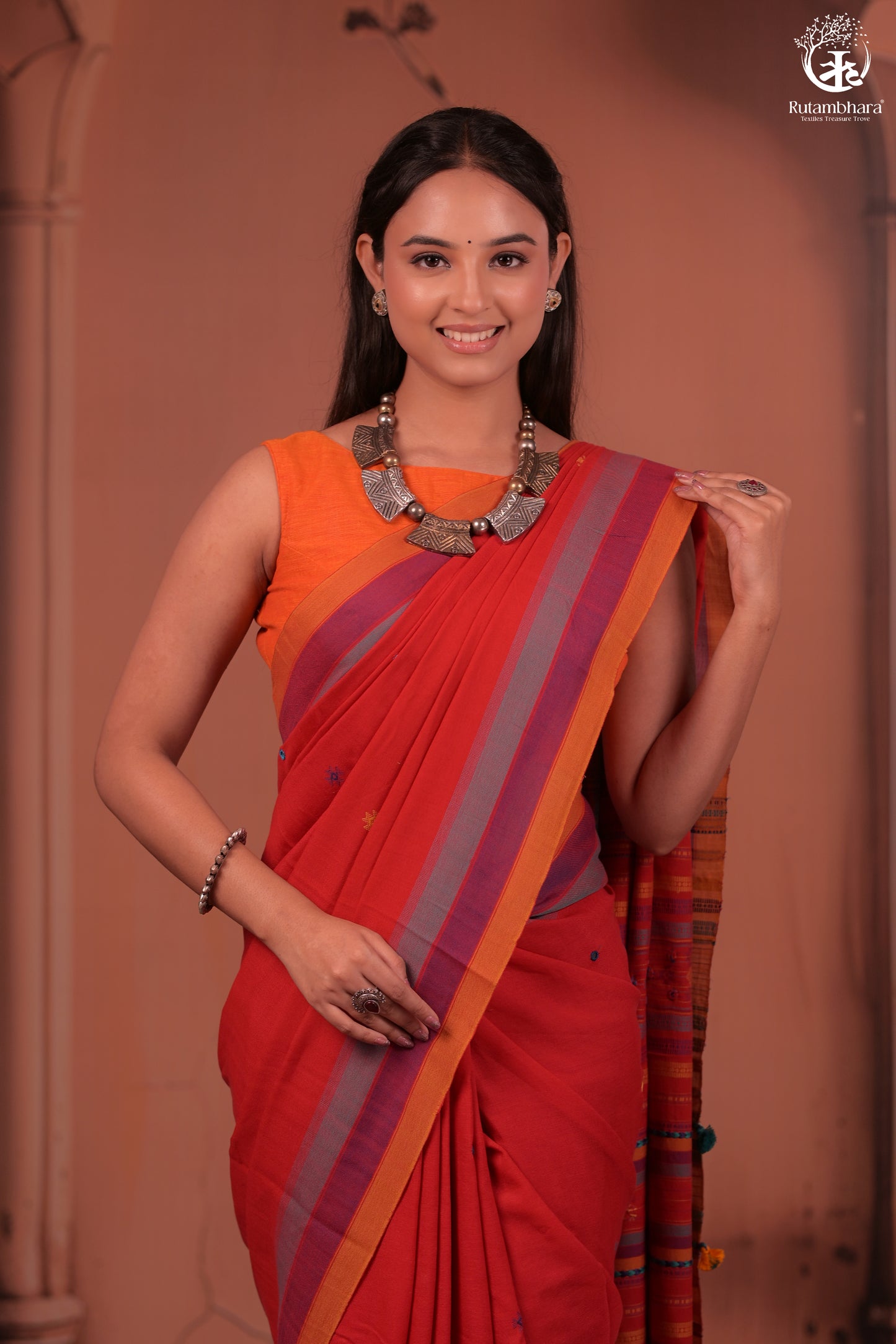 JESAAL - Handwoven Kutchi Weave Cotton Saree in Rust Red with Multicolour Pallu