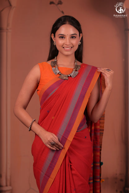 JESAAL - Handwoven Kutchi Weave Cotton Saree in Rust Red with Multicolour Pallu