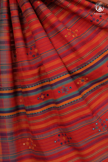 JESAAL - Handwoven Kutchi Weave Cotton Saree in Rust Red with Multicolour Pallu