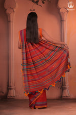 JESAAL - Handwoven Kutchi Weave Cotton Saree in Rust Red with Multicolour Pallu