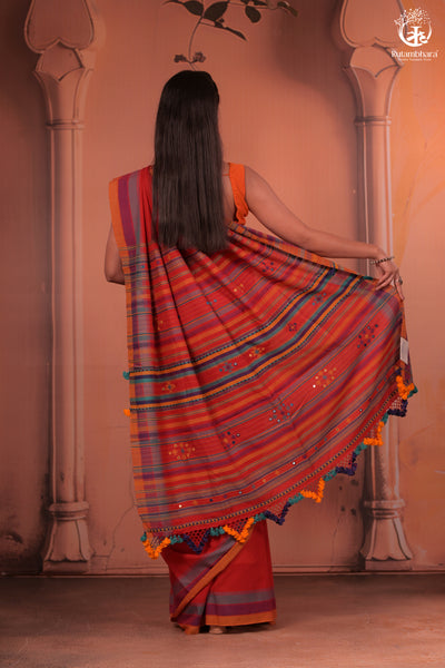 JESAAL - Handwoven Kutchi Weave Cotton Saree in Rust Red with Multicolour Pallu